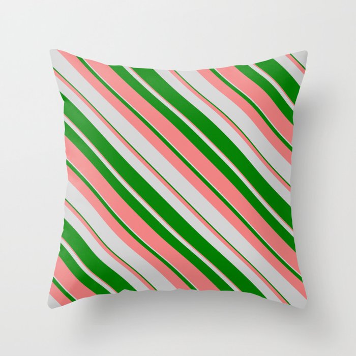 Light Grey, Green & Light Coral Colored Lines/Stripes Pattern Throw Pillow