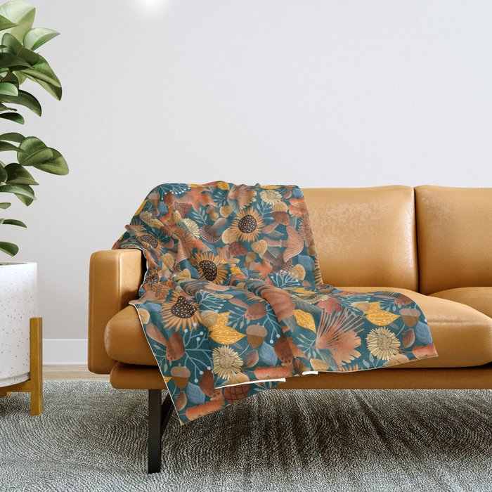 Autumn Botanicals on Mossy Blue Throw Blanket