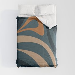 New Groove Abstract Retro Swirl Pattern Blue Ochre Taupe Comforter