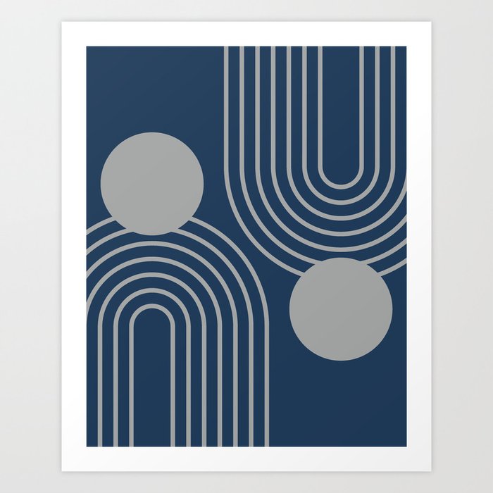 Mid Century Modern Geometric 196 in Navy Blue Grey Art Print