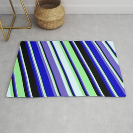 [ Thumbnail: Green, Light Cyan, Slate Blue, Blue, and Black Colored Stripes Pattern Rug ]