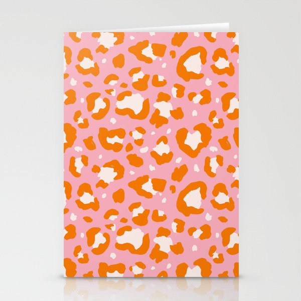 Hand-Drawn Retro Pink & Orange Leopard Spots Pattern Stationery Cards