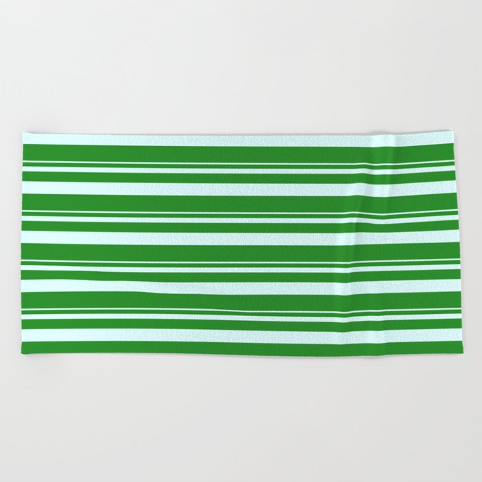 Light Cyan and Forest Green Colored Lined Pattern Beach Towel