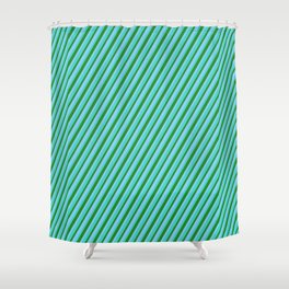 [ Thumbnail: Turquoise, Forest Green, and Light Sky Blue Colored Lines/Stripes Pattern Shower Curtain ]