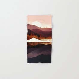 Rose Mountain Reflection Hand & Bath Towel | Lake, Abstract, Landscape, Burgundy, Digital, Blue, Rose, Forest, Ivory, Pink 