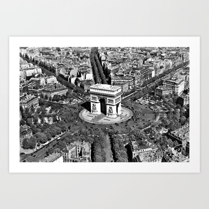 Arc de Triomphe street view, Paris, France black and white photograph / black and white photography Art Print