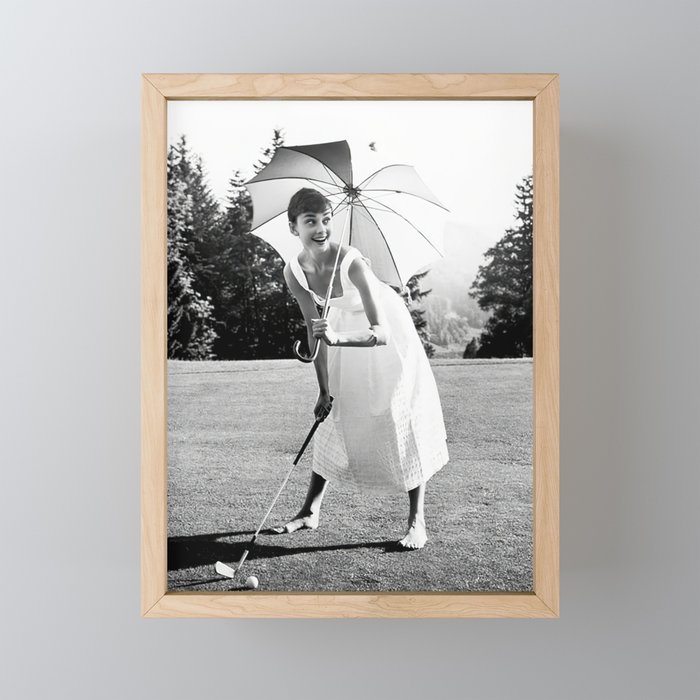 Audrey Hepburn Playing Golf, Black and White Vintage Art Framed Mini Art Print