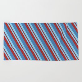 [ Thumbnail: Sky Blue, Brown & Blue Colored Striped/Lined Pattern Beach Towel ]