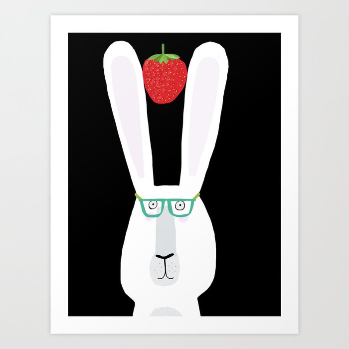 White Snow Rabbit with Glasses and a Strawberry between his Ears by Children's Artist Carla Daly Art Print