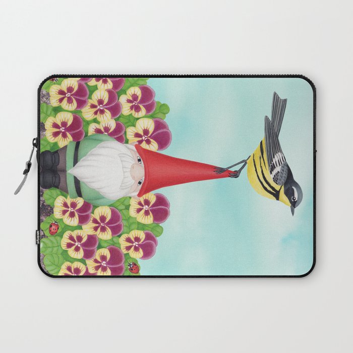 gnome with magnolia warbler and pansies Laptop Sleeve