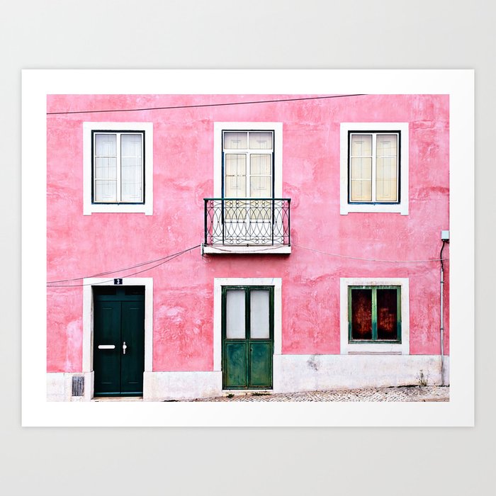 Lisbon Pink Building with Green Door in the Alfama  - Portugal Travel Photography Art Print