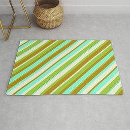 [ Thumbnail: Beige, Green, Dark Goldenrod, and Aquamarine Colored Striped/Lined Pattern Rug ]