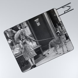 Woman with Cheetah, Phyllis Gordon, with her pet Kenyan cheetah, Paris, France black and white photo Picnic Blanket