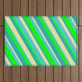[ Thumbnail: Lime, Light Sea Green, Pale Goldenrod & Turquoise Colored Stripes/Lines Pattern Outdoor Rug ]