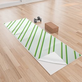 [ Thumbnail: Mint Cream, Forest Green, and Green Colored Striped/Lined Pattern Yoga Towel ]