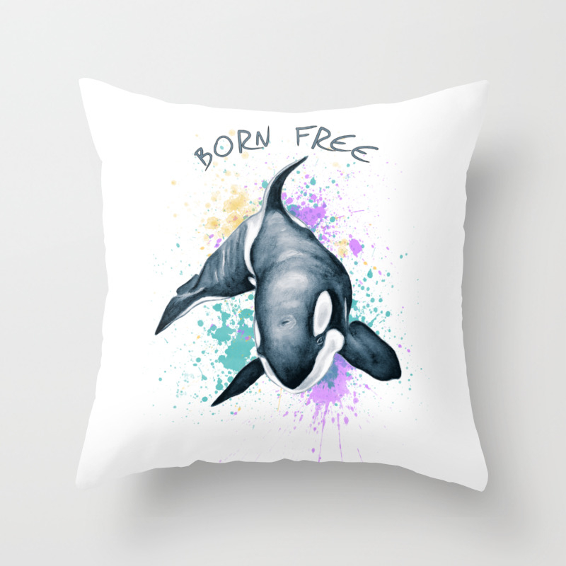 Born Free Orca Whale Splash Watercolor Throw Pillow By Eveystudios