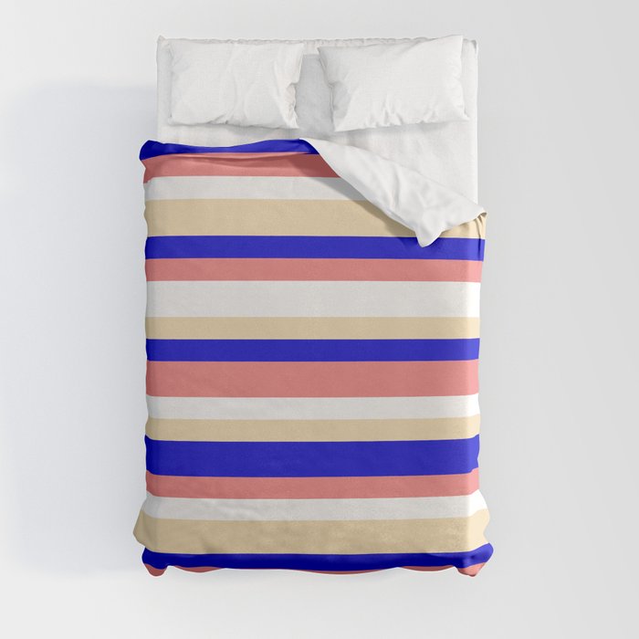 Blue, Light Coral, White & Tan Colored Lined/Striped Pattern Duvet Cover