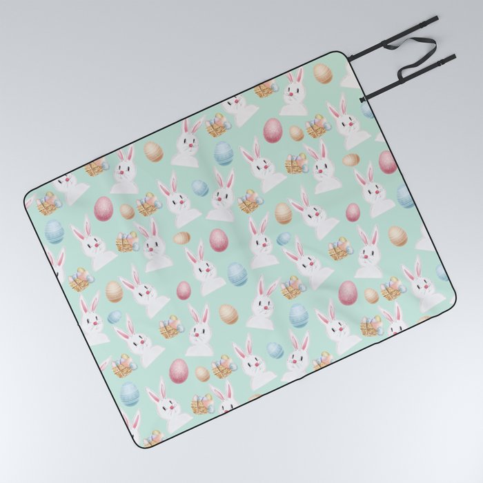 Easter Bunny And Eggs Pattern- Mint Green  Picnic Blanket