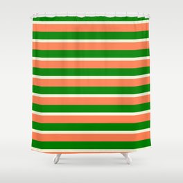 [ Thumbnail: Beige, Coral, and Green Colored Stripes/Lines Pattern Shower Curtain ]