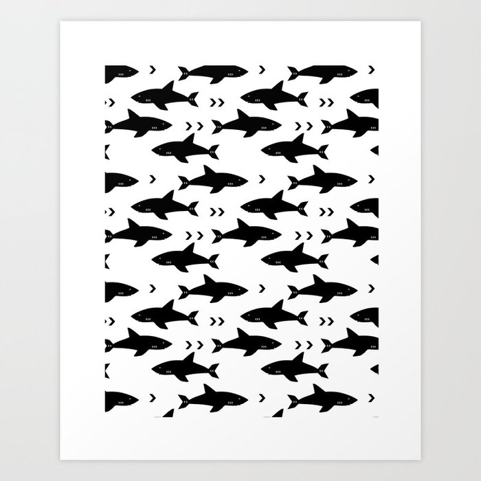 Sharks - shark week trendy black and white minimal kids pattern print Art Print