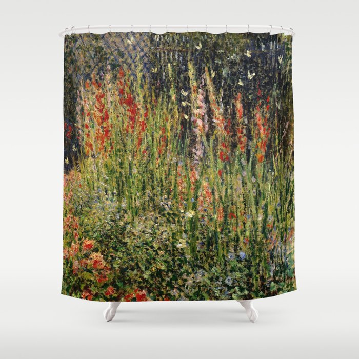 Gladiolus and Blue Iris French Garden portrait still life painting by Claude Monet Shower Curtain