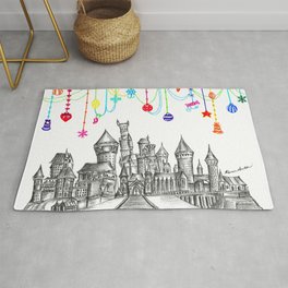 Party at Hogwarts Castle! Rug | Painting, Black and White, Architecture, Illustration 