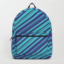 [ Thumbnail: Dark Slate Blue and Turquoise Colored Striped/Lined Pattern Backpack ]