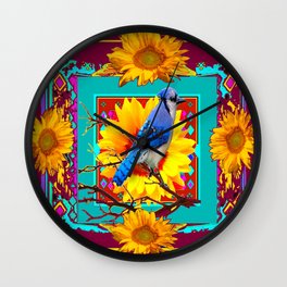 Decorative Ornate  Burgundy-Blue Jay Sunflowers Wall Clock