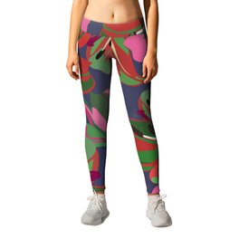 Lily - Pink and Red Floral Bouquet Art Pattern on Dark Blue Leggings