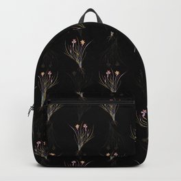 Floral Mosaic Golden Blue eyed Grass Botanical Pattern on Black Backpack