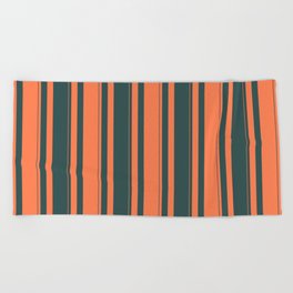 [ Thumbnail: Coral and Dark Slate Gray Colored Striped/Lined Pattern Beach Towel ]