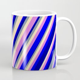 [ Thumbnail: Light Slate Gray, Beige, Orchid, Blue & Dark Blue Colored Striped Pattern Coffee Mug ]