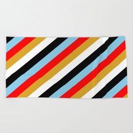 [ Thumbnail: Sky Blue, Red, Goldenrod, White & Black Colored Lines/Stripes Pattern Beach Towel ]