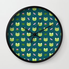Frogs, Dragonflies and Lilypads on Teal Wall Clock