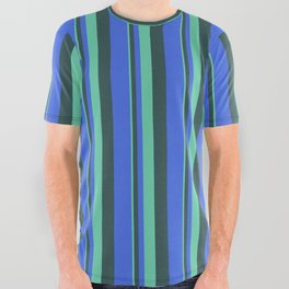 [ Thumbnail: Aquamarine, Dark Slate Gray, and Royal Blue Colored Lines/Stripes Pattern All Over Graphic Tee ]