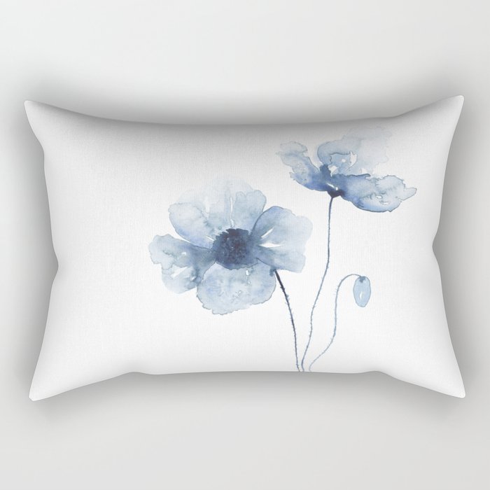 Blue Watercolor Poppies Rectangular Pillow