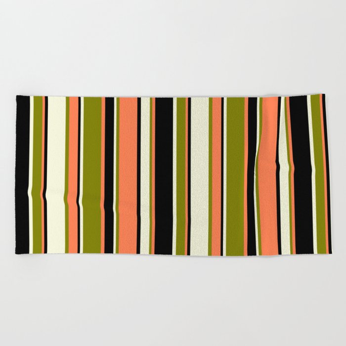 Beige, Green, Coral & Black Colored Stripes Pattern Beach Towel
