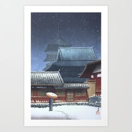 Tenno-ji Temple, Osaka In Snow - Vintage Japanese Woodblock Print Art Art Print | Japanese, Pagoda, Ukiyoe, Osaka, Tenno, Shrine, Ukiyo E, Winter, Hasuikawase, Shin Hanga 