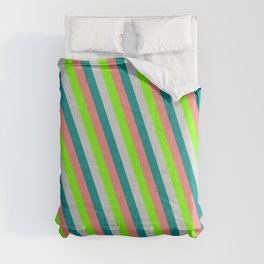 [ Thumbnail: Green, Light Gray, Dark Cyan & Light Coral Colored Lines Pattern Comforter ]