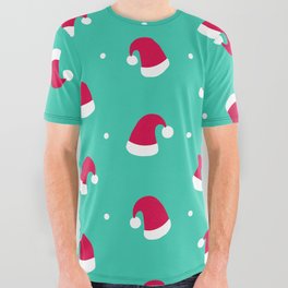 Christmas Pattern Red Turquoise Hat All Over Graphic Tee