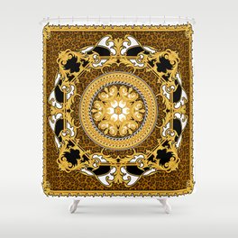 Design of silk scarf with animal print and golden scrolls Shower Curtain