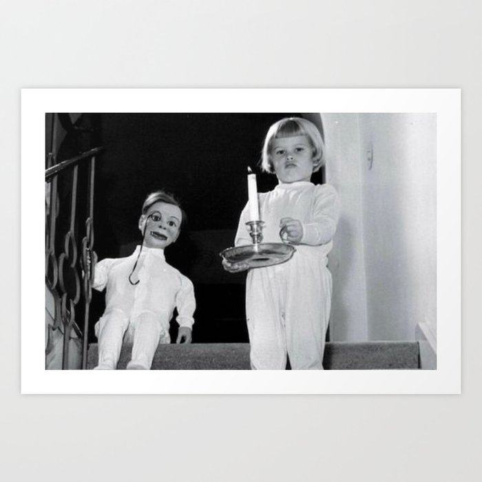 Creepy Ventriloquist Dummies that look like they might want to kill you black and white photography Art Print
