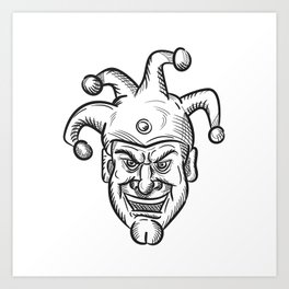 Crazy Medieval Court Jester Drawing Art Print | Fool, Demented, Doodle, Smile, Jester, Sarcastic, Courtjester, Deranged, Smiling, Silly 