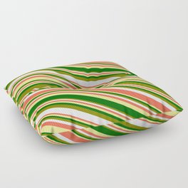 [ Thumbnail: Eyecatching Green, White, Red, Tan & Dark Green Colored Striped/Lined Pattern Floor Pillow ]
