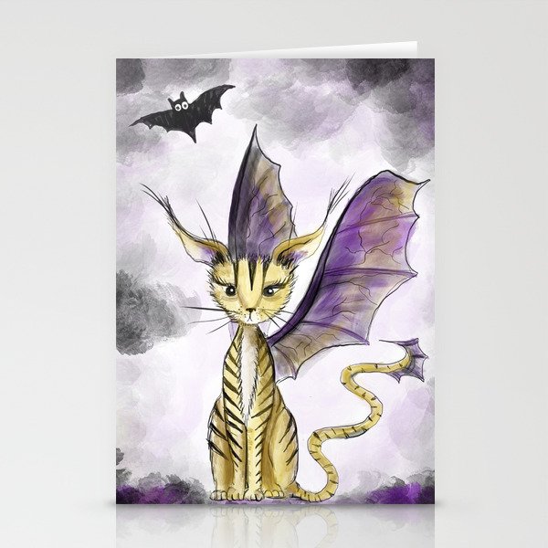 "Bat Cat" Mystical Cat Creature - Cat with Bat Wings Drawing Stationery Cards