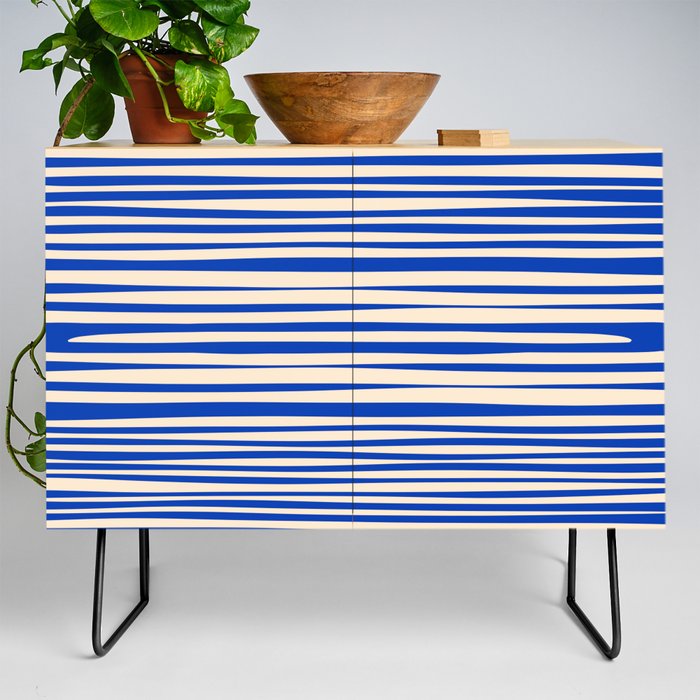 Natural Stripes Modern Minimalist Pattern in Bright Blue and Cream Credenza