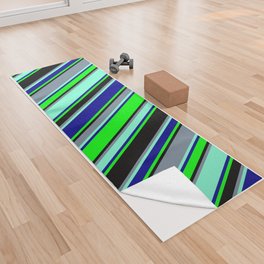 [ Thumbnail: Colorful Black, Lime, Dark Blue, Aquamarine, and Light Slate Gray Colored Lined Pattern Yoga Towel ]