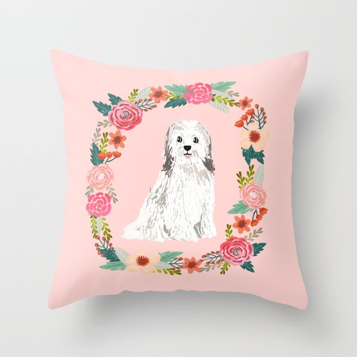 havanese floral wreath spring dog breed pet portrait gifts Throw Pillow