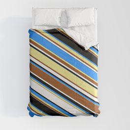 [ Thumbnail: Eyecatching Blue, Tan, Brown, White, and Black Colored Lined/Striped Pattern Comforter ]