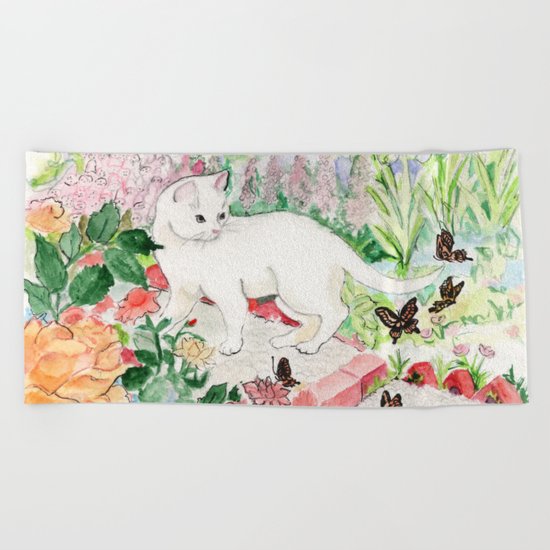 White Cat in a Garden Beach Towel